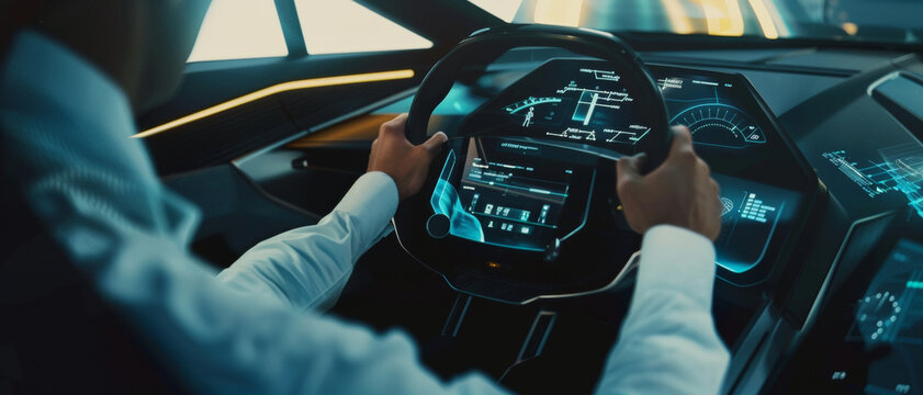 Hands grip the futuristic steering wheel of an autonomous car, a leap into tomorrow’s travel