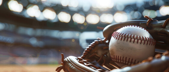 Baseball glove and ball on a field, capturing the anticipation of a game under stadium lights - obrazy, fototapety, plakaty