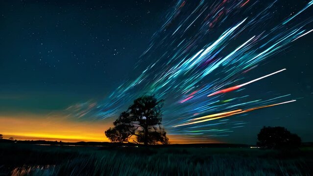 Starlight trails captured by long exposure dance above the vivid colors of dawn, with silhouettes of trees lining the horizon.
