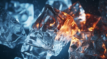 Close-up view of a pile of ice cubes, macro view