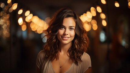 Fototapeta premium Happy brunette smiling. Young woman smiling, looking at the camera. Bokeh effect. AI generative