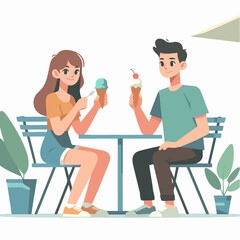 young millennial couple sitting on a chair eating ice cream cartoon character illustration