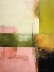 A vibrant abstract painting featuring hues of green, pink, and yellow, creating a dynamic and energetic composition. Perfect for adding a pop of color to any room.