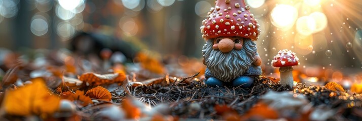 Whimsical garden gnomes and mushrooms in a fantasy setting, Background Image, Background For Banner