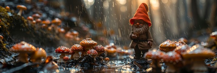 Whimsical garden gnomes and mushrooms in a fantasy setting, Background Image, Background For Banner