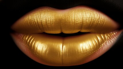 Macro detail of women golden lips on a black background, hyperreal photography concept, banner