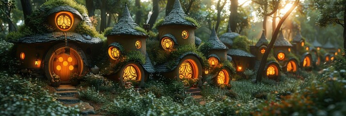 Whimsical pattern of a gnome village in the forest, Background Image, Background For Banner