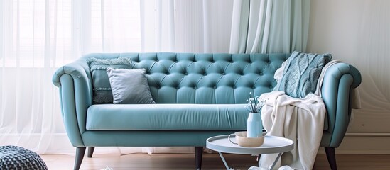 A light blue couch sits in a cozy living room, accompanied by a tray table and a complementing throw rug, positioned near a window.