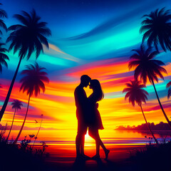 Silhouetted against a vibrant sky, a young couple shares an enchanting hug on the beach,vibrant dusk hues, swaying coconut trees. 