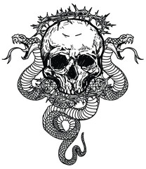 Tattoo art snake and skull pattern drawing and sketch black and white