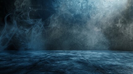 Abstract technology background, Empty dark blue cement floor, studio room with smoke floating up the interior texture, wall background, spotlights, - obrazy, fototapety, plakaty