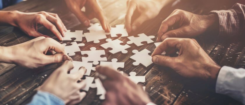 Hands of diverse individuals collaborate on assembling a jigsaw puzzle, metaphor for teamwork and problem-solving