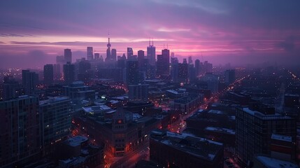Aerial view of peaceful cityscape before sunrise - obrazy, fototapety, plakaty