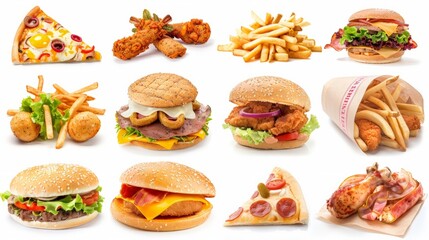 All Fast Food collection set, isolated on white background. Fried chicken, fries, pizza, sandwich, chicken nuggets, eggs and bacon, shawarma, prawns.