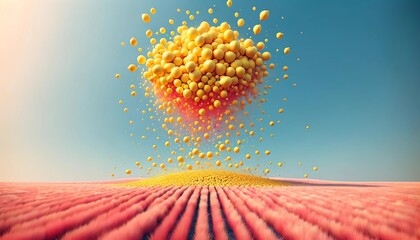 Whimsical surreal landscape with lemons floating on the sky. Pink, orange, yellow vibrant colors. Dreamlike fantasy world, fairy tale, candy tale style. Abstract shapes and structures - 740001461