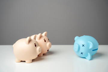 The piggy bank looks at the bankrupt one. Bad economy. Financial crisis, end of savings,...