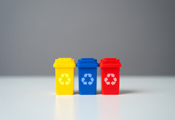 Multi-colored waste recycling bins. Conserve natural resources, reduce waste, create jobs in recycling industry. Circular economy. Selling recycled material or getting grants for green projects.