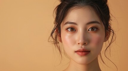 Beautiful young asian woman with clean fresh skin on beige background, Face care, Facial treatment, Cosmetology,