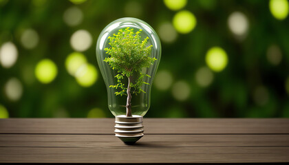 Green tree in lightbulb on the wooden table and green bokeh background. global warming, carbon credit.