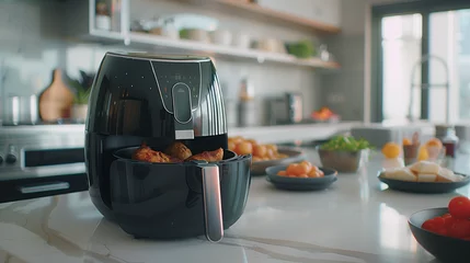Tafelkleed close up of a black air fryer on the kitchen island © The Stock Photo Girl