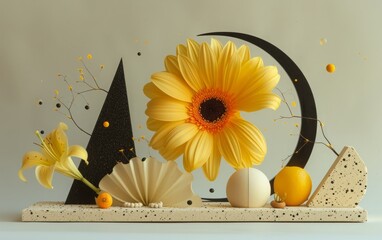 Striking still life ensemble with yellow gerbera blooms and abstract geometric silhouettes.