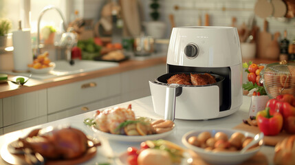 close up of a white air fryer on the kitchen island - obrazy, fototapety, plakaty