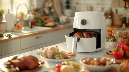 Tuinposter close up of a white air fryer on the kitchen island © The Stock Photo Girl
