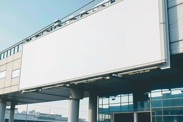 A skyward rectangle fixture on the building facade, made of composite material and metal, serving as a large white billboard.