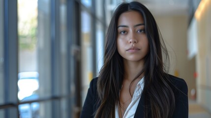 Naklejka premium Confident business grad student mba degree success driven female brunette hispanic businesswoman, executive, layer, future CEO