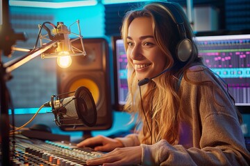 A girl wearing headphones and holding a microphone smiles as she stands in front of a mixing...