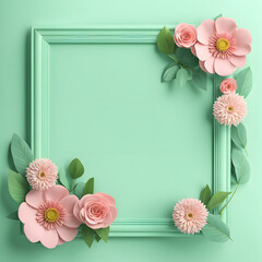 3D Greeting Card Template with Isolated Flowers on Green Background. Stylish Floral Backdrop for Valentine, E-commerce, and Beauty Product Banners.