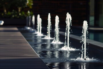 pool deck with minimalist fountains linearly arranged