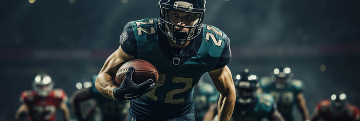 American football player in action on stadium with ball stock photo
