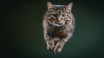 Obraz premium funny cat flying. photo of a playful tabby cat jumping mid-air looking at camera. background with copy space