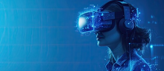 A female graphic designer wearing a virtual reality headset with a blue global technology background.