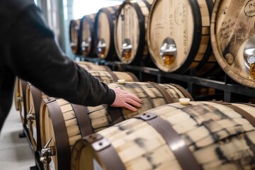 person inspecting whiskey barrels in a distillery