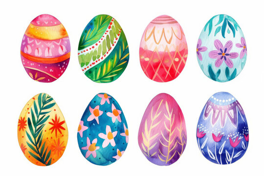 set of colorful Easter eggs isolated on white, watercolor Easter egg decorations in bright colors