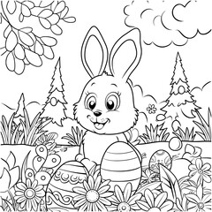 Easter bunny and eggs illustration coloring page - coloring book for kids