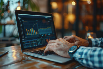 Businessman's hands working on finance, laptop computer with graphic diagrams, stock market. AI
