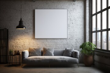 modern living room interior in loft style with brick wall, sofa and white empty picture on the wall, mock up