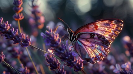 A butterfly with iridescent wings resting on a lavender bush
