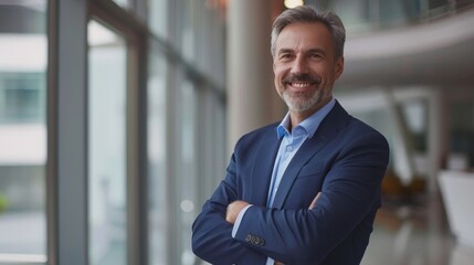 Fototapeta premium Happy middle aged business man ceo standing in office arms crossed. Smiling mature confident professional executive manager, proud lawyer,