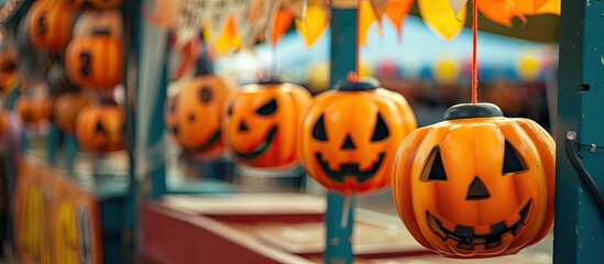 A line of jack-o-lanterns is suspended from above, each adorned with a number representing the prizes they correspond to in a festive fall game at the carnival.