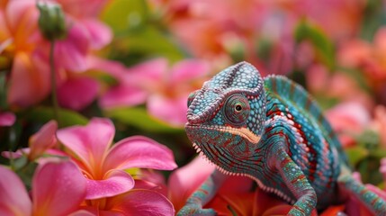 Obraz premium A camouflaged chameleon changing colors among tropical flowers
