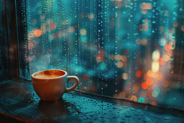 A coffee cup on a window sill is next to a picture, in the style of nightscapes, and romantic themes