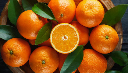 Fresh oranges with leaves, top view