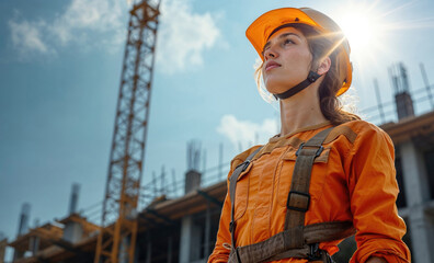 Female construction worker looking ahead at job site Generative AI image
