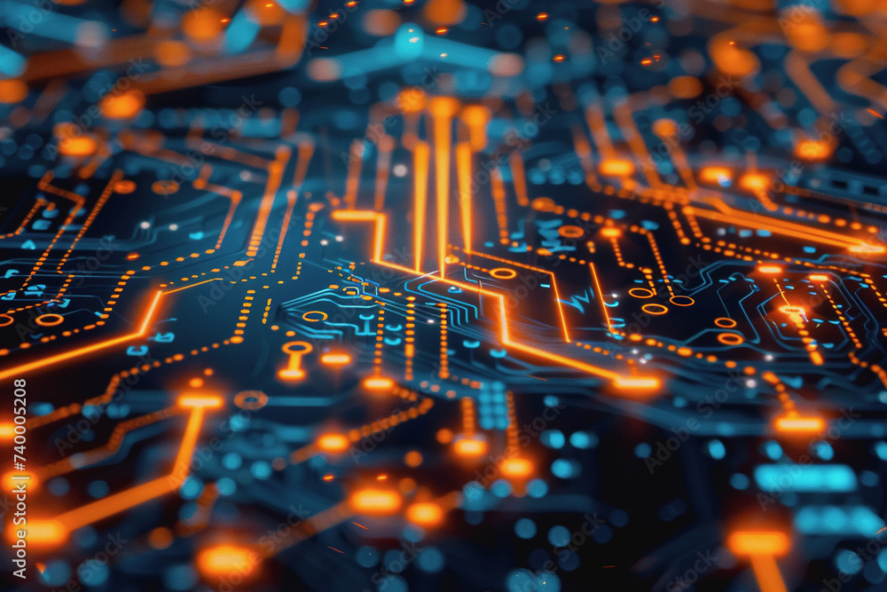 Poster a computer circuit board, with some arrows pointing forward and up, rising, tech background.