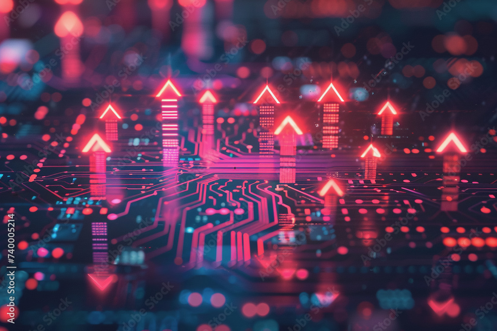 Poster a computer circuit board, with some arrows pointing forward and up, rising, tech background.
