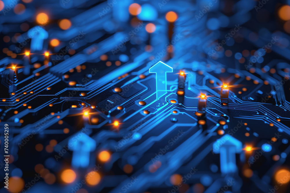 Poster a computer circuit board, with some arrows pointing forward and up, rising, tech background.